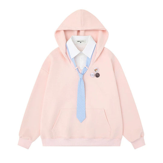 Damen Kapuzenpullover mit eingesetztem Hemdkragen und vorgebundener Krawatten-Applikation Shop Nory