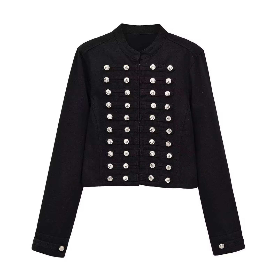Damen Jeansjacke im Military‑Stil mit Reihenknöpfen und Stehkragen Shop Nory