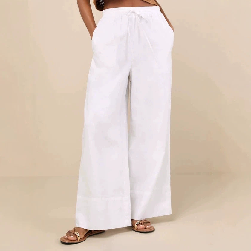Damen Weite Leinenhose mit elastischem Bund und seitlichen Taschen