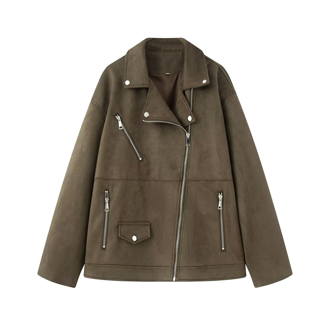 Damen Asymmetrische Veloursleder‑Optik Bikerjacke mit Stehkragen und Zippern Shop Nory