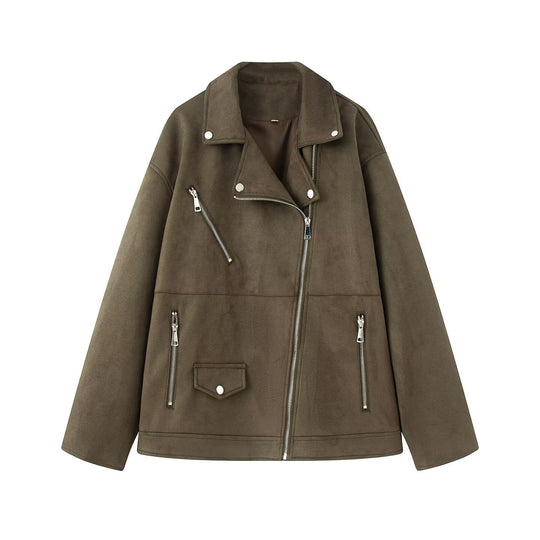 Damen Asymmetrische Veloursleder‑Optik Bikerjacke mit Stehkragen und Zippern Shop Nory