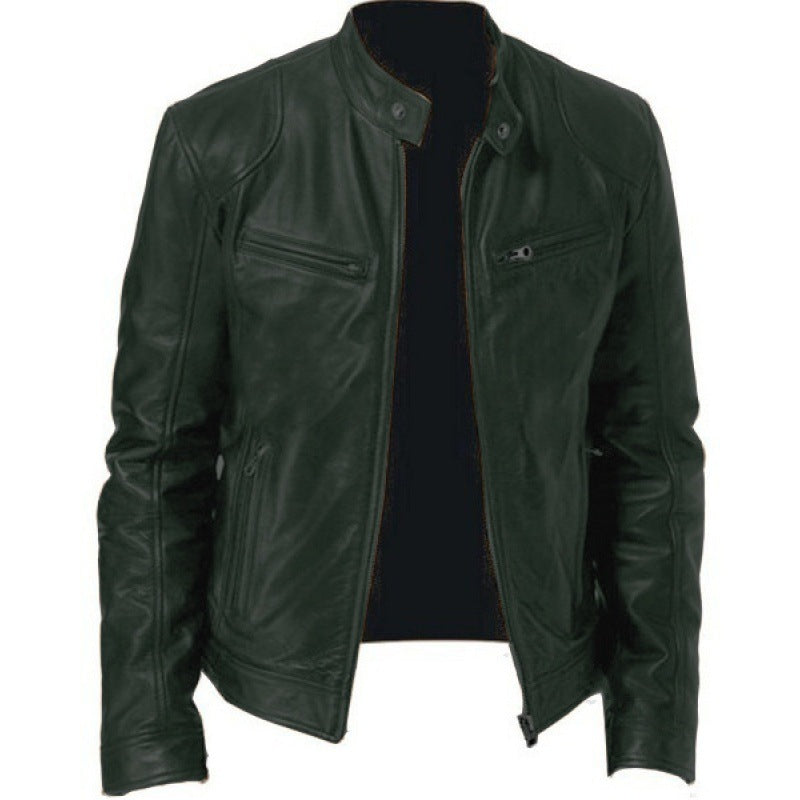 Herren schlanke Echtleder-Bikerjacke mit Stehkragen, zwei Brust-Reißverschlusstaschen und geradliniger Silhouette Shop Nory