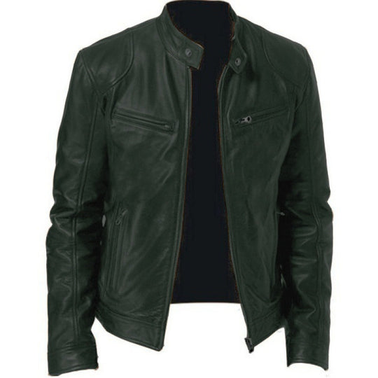 Herren schlanke Echtleder-Bikerjacke mit Stehkragen, zwei Brust-Reißverschlusstaschen und geradliniger Silhouette Shop Nory