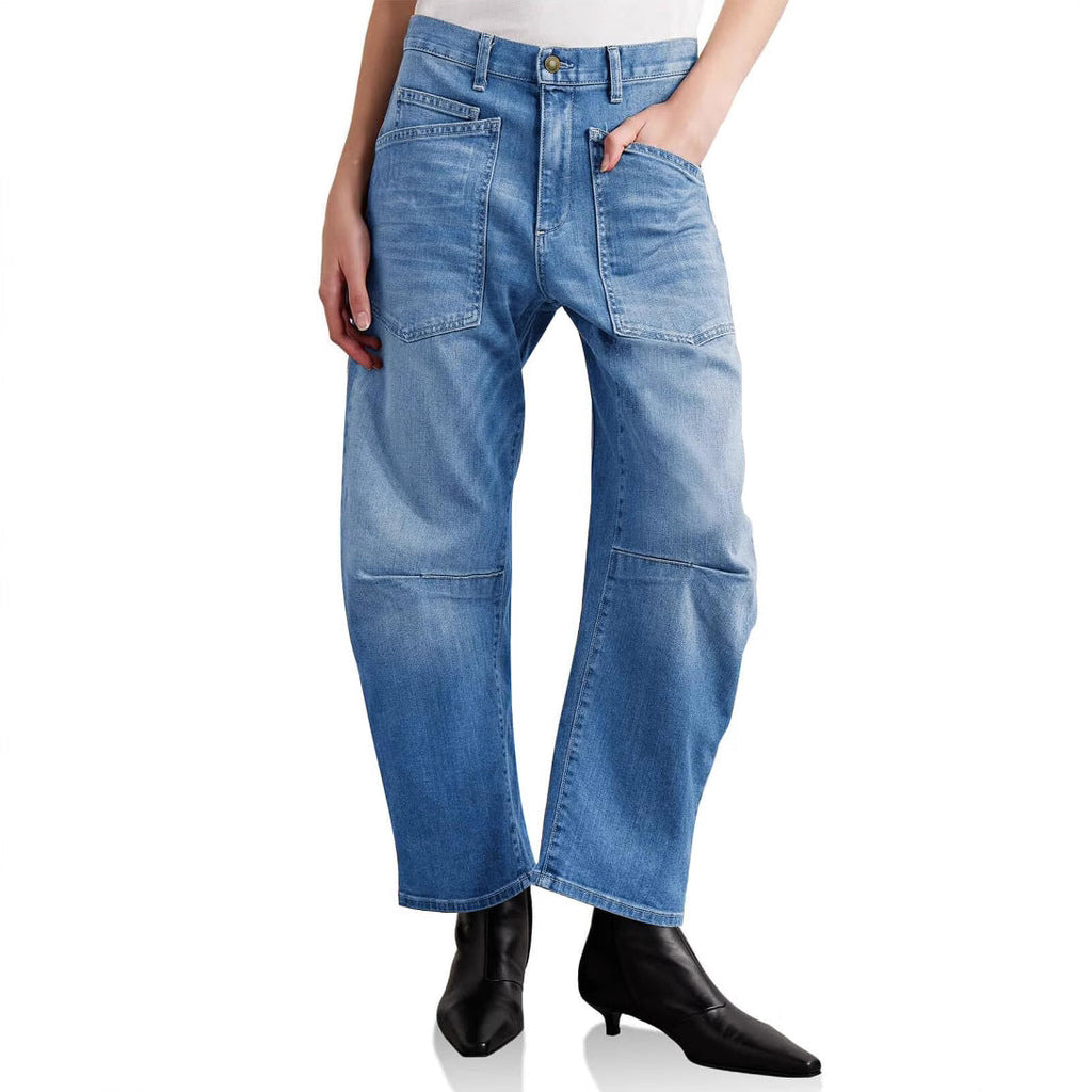 Damen halbhohe Denim-Hose mit einzigartigen aufgesetzten Taschen Shopnory