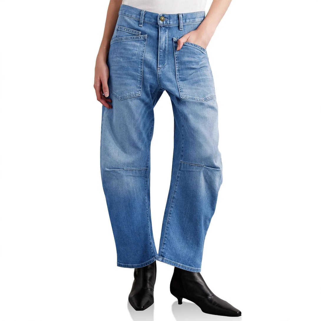 Damen halbhohe Denim-Hose mit einzigartigen aufgesetzten Taschen Shopnory