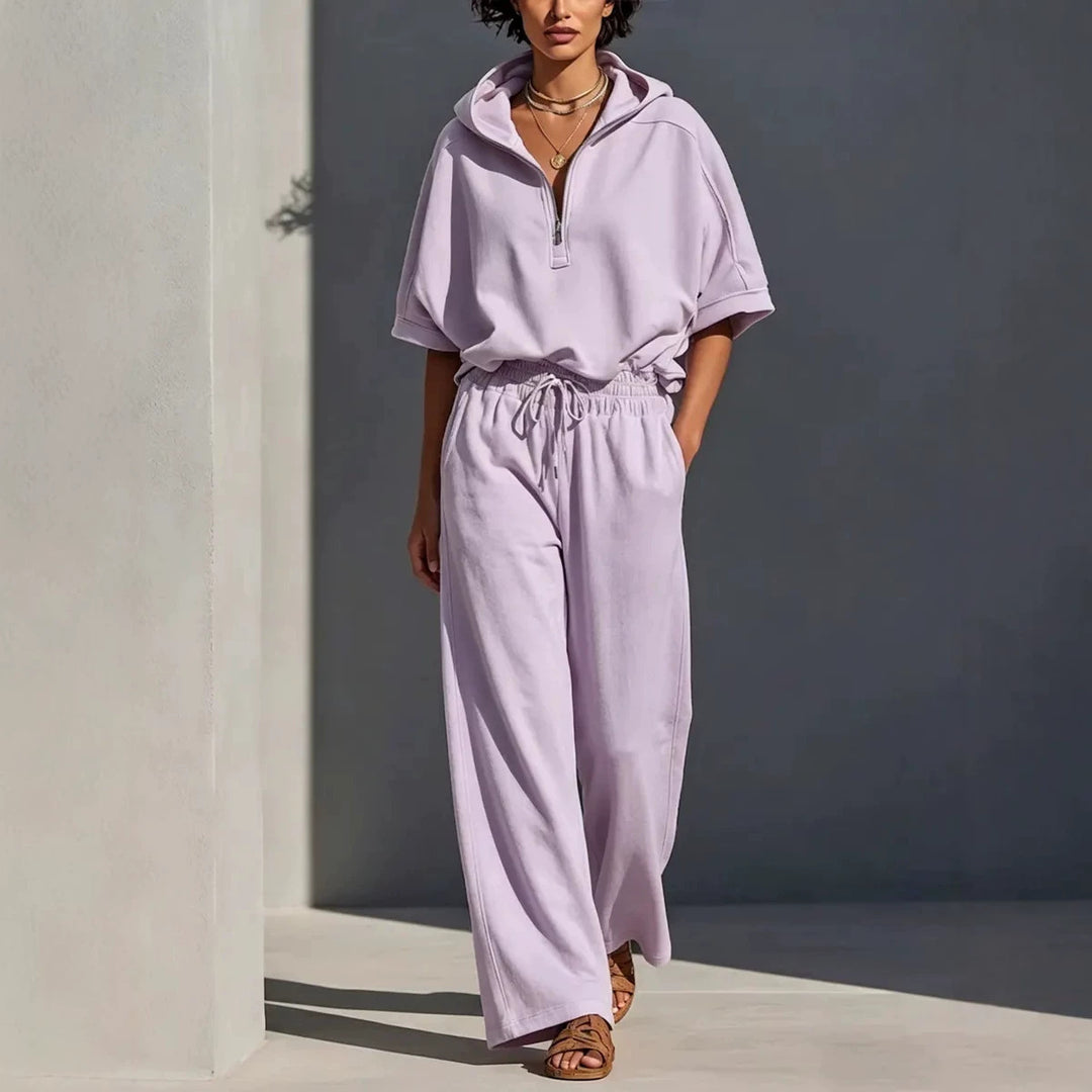 Damen Lässiges Lounge-Set mit Kapuzenpullover mit halbem Reißverschluss und weiter Palazzohose Shop Nory