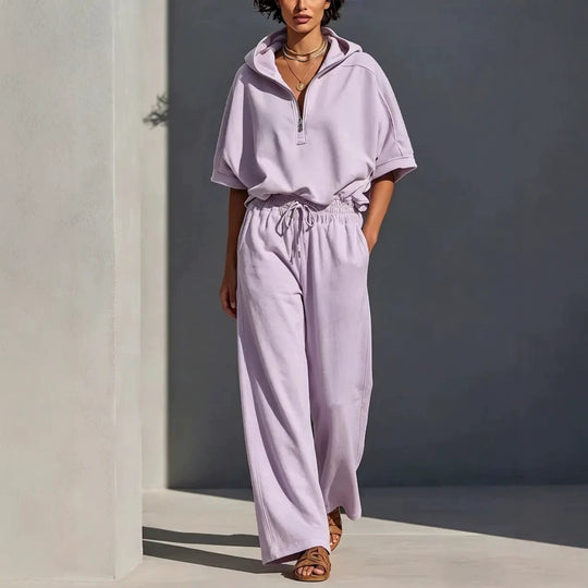 Damen Lässiges Lounge-Set mit Kapuzenpullover mit halbem Reißverschluss und weiter Palazzohose Shop Nory