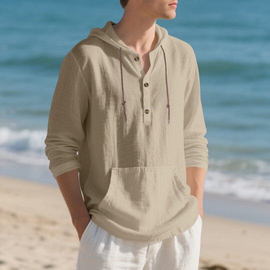 Herren Leichter Kapuzen-Henley aus Baumwoll-Leinen mit Kängurutasche Shop Nory