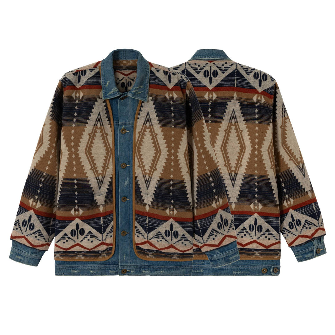 Unisex Kurzer gewobener Azteken-Cardigan mit Denimblende Shop Nory