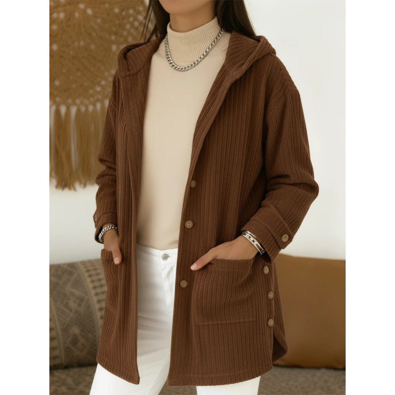 Damen Langer Kapuzen-Strickcardigan mit Rippenstruktur, Knopfleiste und Seitentaschen Shop Nory