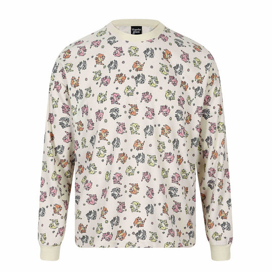 Damen Waffel‑Thermalshirt mit verspieltem Allover‑Print und geripptem Rundhals Shop Nory