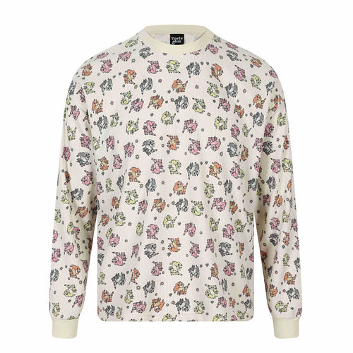Damen Waffel‑Thermalshirt mit verspieltem Allover‑Print und geripptem Rundhals Shop Nory
