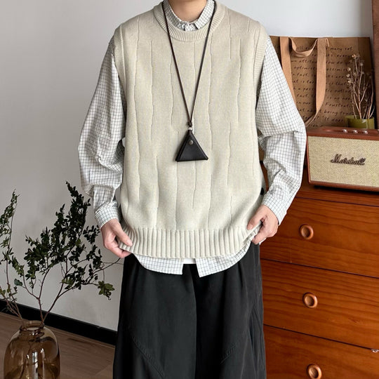 Herren Oversized Ärmellose Strickweste mit geripptem Saum und Rundhalsausschnitt Shop Nory