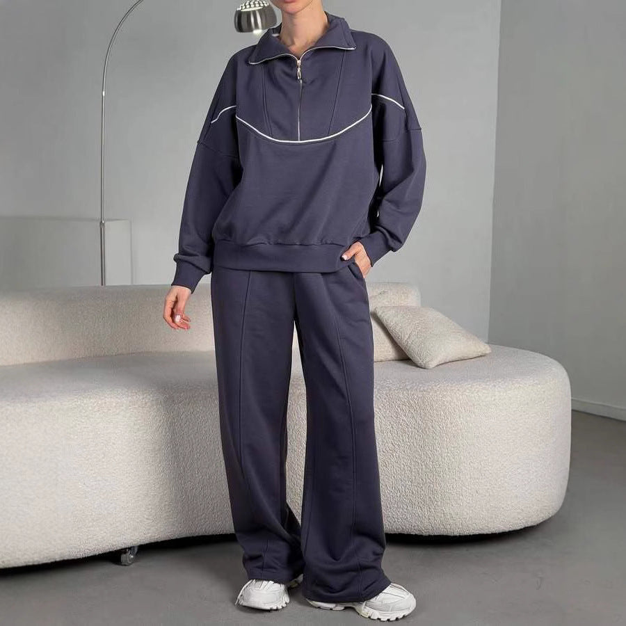Damen Lockeres Loungewear-Set mit halbhohem Reißverschluss, überschnittenen Schultern und weiter Palazzohose Shop Nory