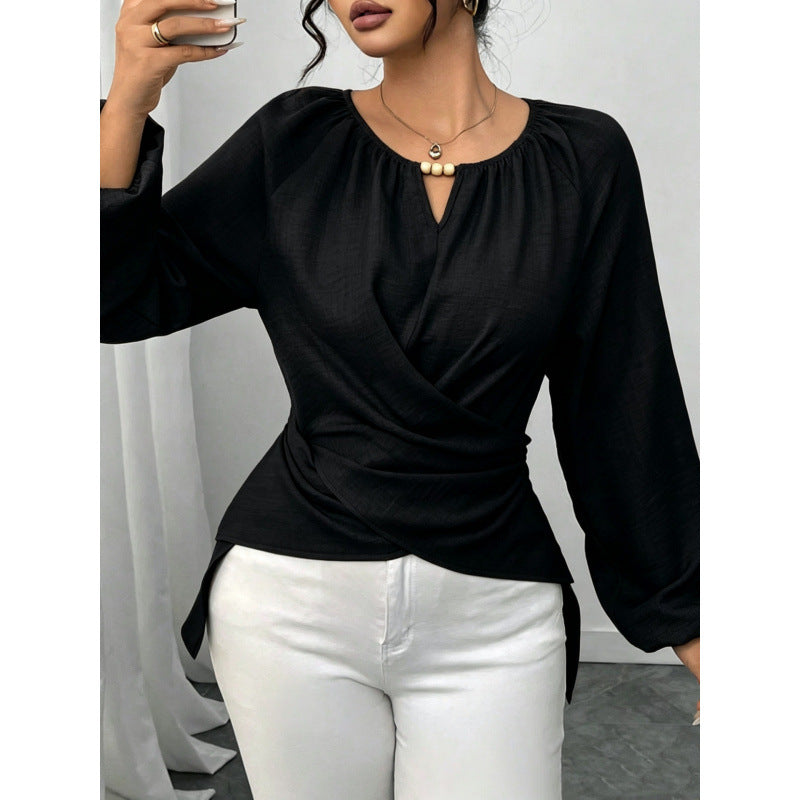 Damen Taillierte Wickelbluse mit Perlendetail und Ballonärmeln Shop Nory