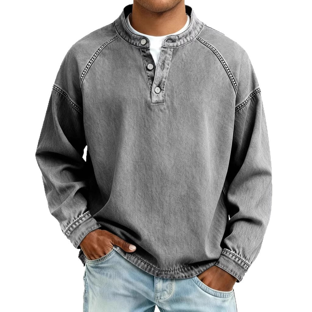 Herren nan verwaschenes Henley-Shirt mit Stehkragen, lockerer Passform und Knopfleiste Shop Nory