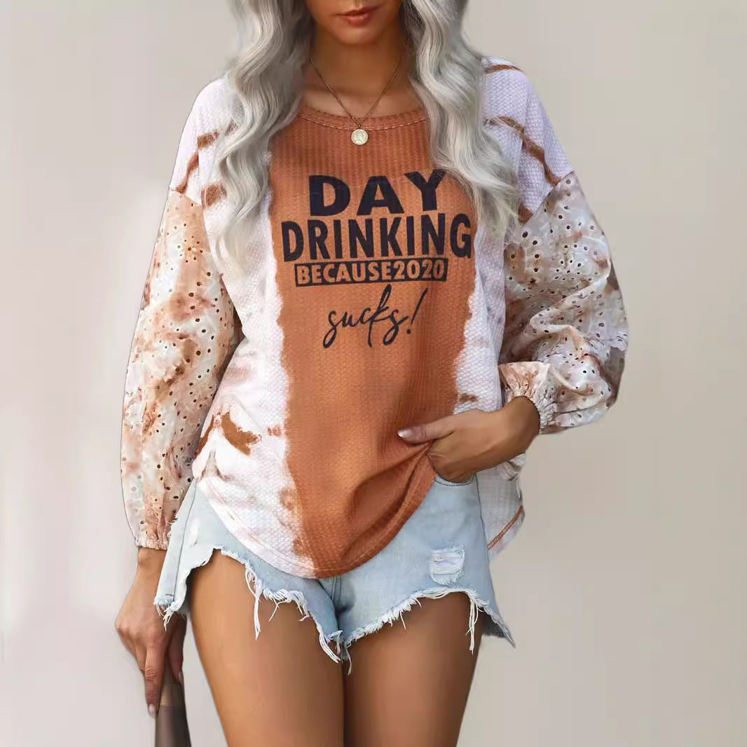 Damen Oversize Langarmshirt im Boho-Look mit Puffärmeln und Statement-Print Shop Nory