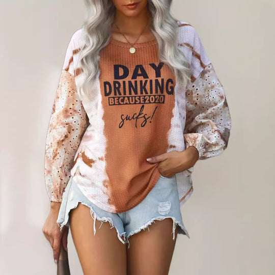 Damen Oversize Langarmshirt im Boho-Look mit Puffärmeln und Statement-Print Shop Nory