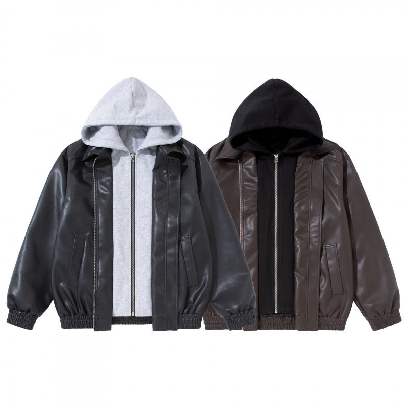 Unisex Oversize Kunstleder-Bomberjacke mit abgesetzter Kapuze, Reißverschluss und elastischem Saum Shop Nory