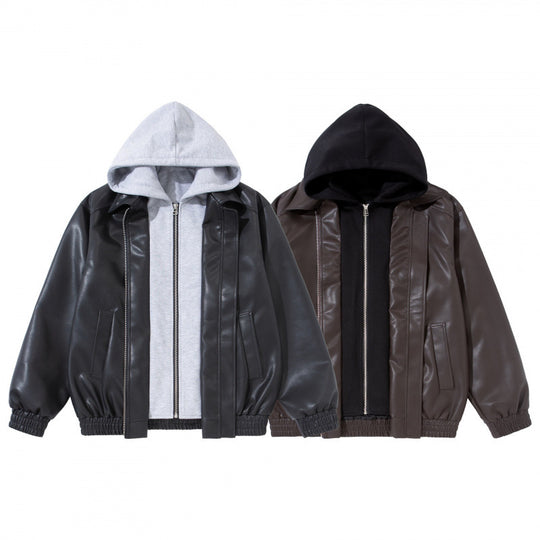 Unisex Oversize Kunstleder-Bomberjacke mit abgesetzter Kapuze, Reißverschluss und elastischem Saum Shop Nory
