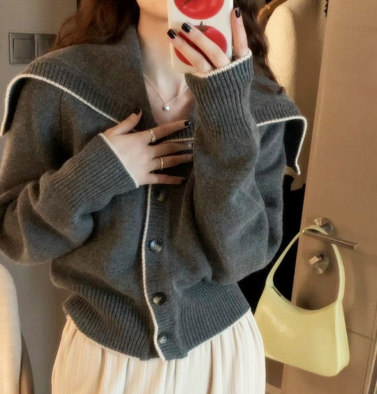Damen Strickcardigan mit übergroßem Matrosenkragen und kontrastkante Shop Nory