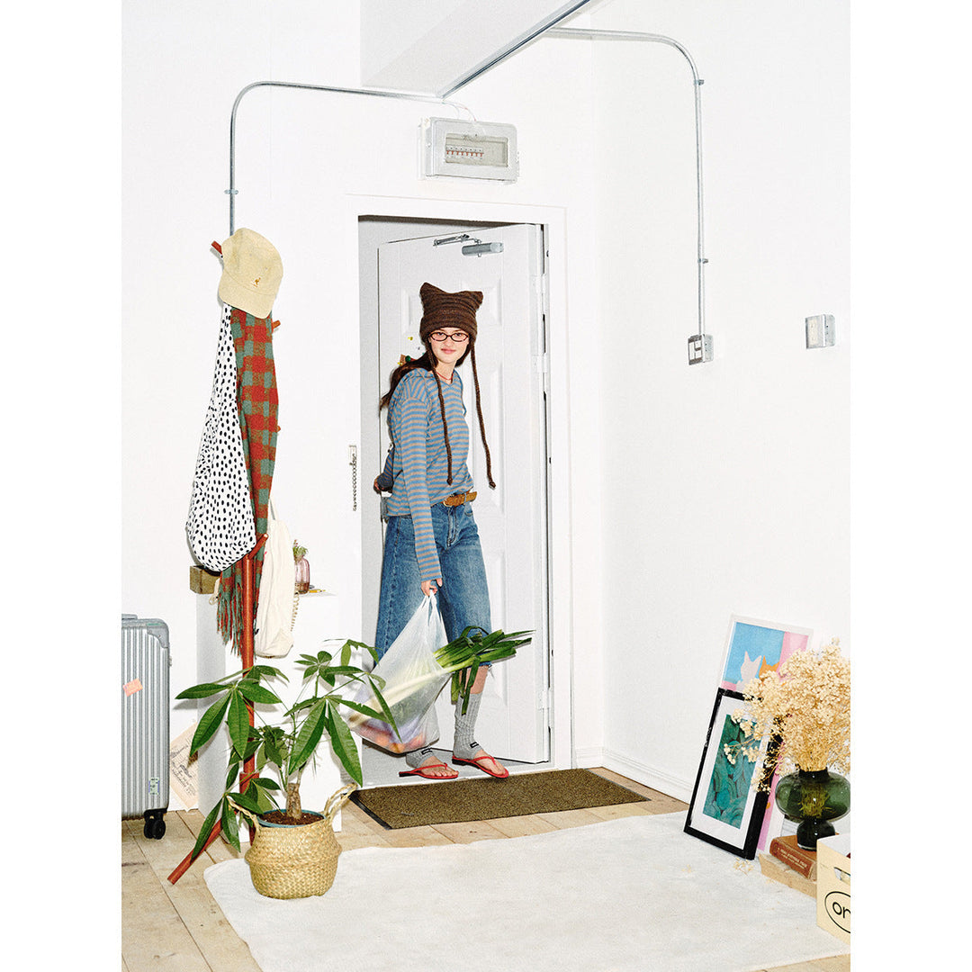 Damen Gestreiftes Langarm-Hoodie-Shirt mit V‑Ausschnitt und Kapuzenband Shop Nory