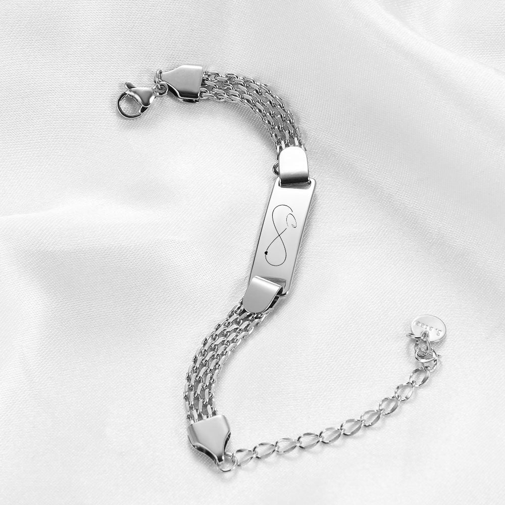 Damen Armband mit personalisierbarem Infinity-Anhänger und feinem Edelstahlband Shop Nory
