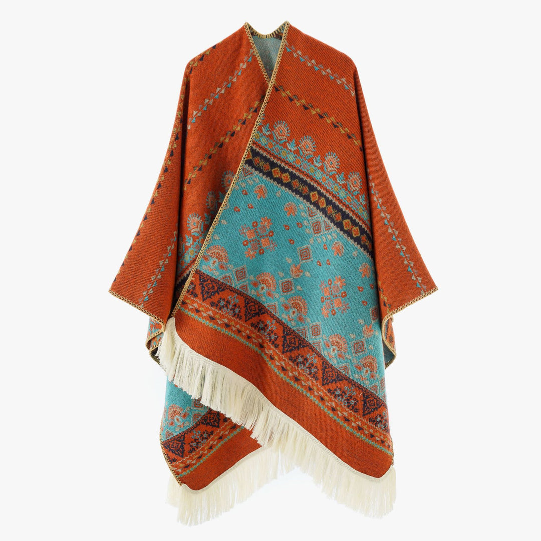 Damen Jacquard‑Ruana mit Fransen und folklorem Muster Shop Nory