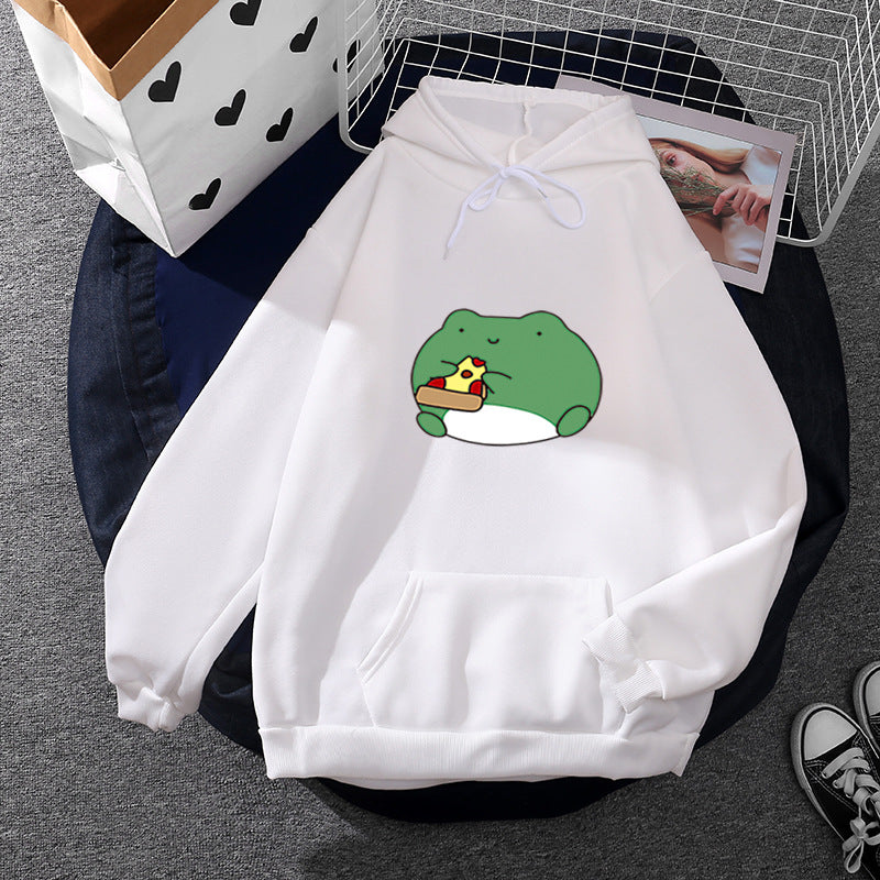 Damen nan gemütlicher Kapuzenpullover mit kawaii Frosch‑Pizza‑Motiv und oversized Relax‑Fit Shop Nory