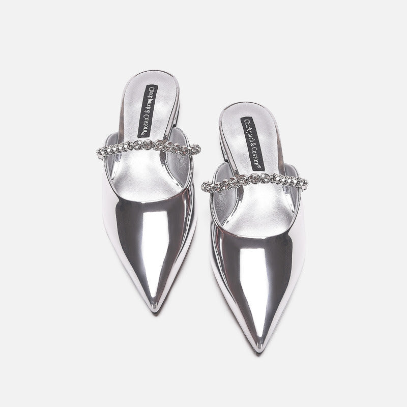 Damen elegante Pantoletten mit glitzerndem Riemen und spitz zulaufender Form