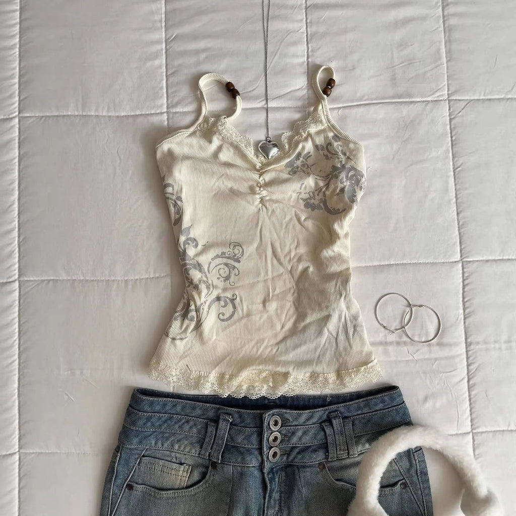 Damen Verspieltes Spaghetti-Träger Top mit Spitzendetails Shopnory