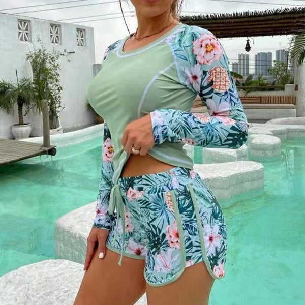 Damen Sportliches Langarm-Badeoberteil mit floralem Design und Shorts