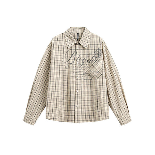 Damen Karierte Oversize-Hemdbluse mit Brusttasche und dekorativem Schriftprint Shop Nory