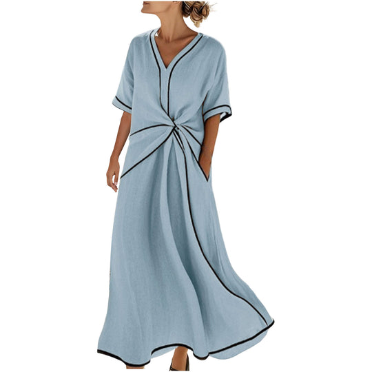 Damen Langes A-Linienkleid mit V‑Ausschnitt, Knoten-Detail und Kontrastpaspel Shop Nory
