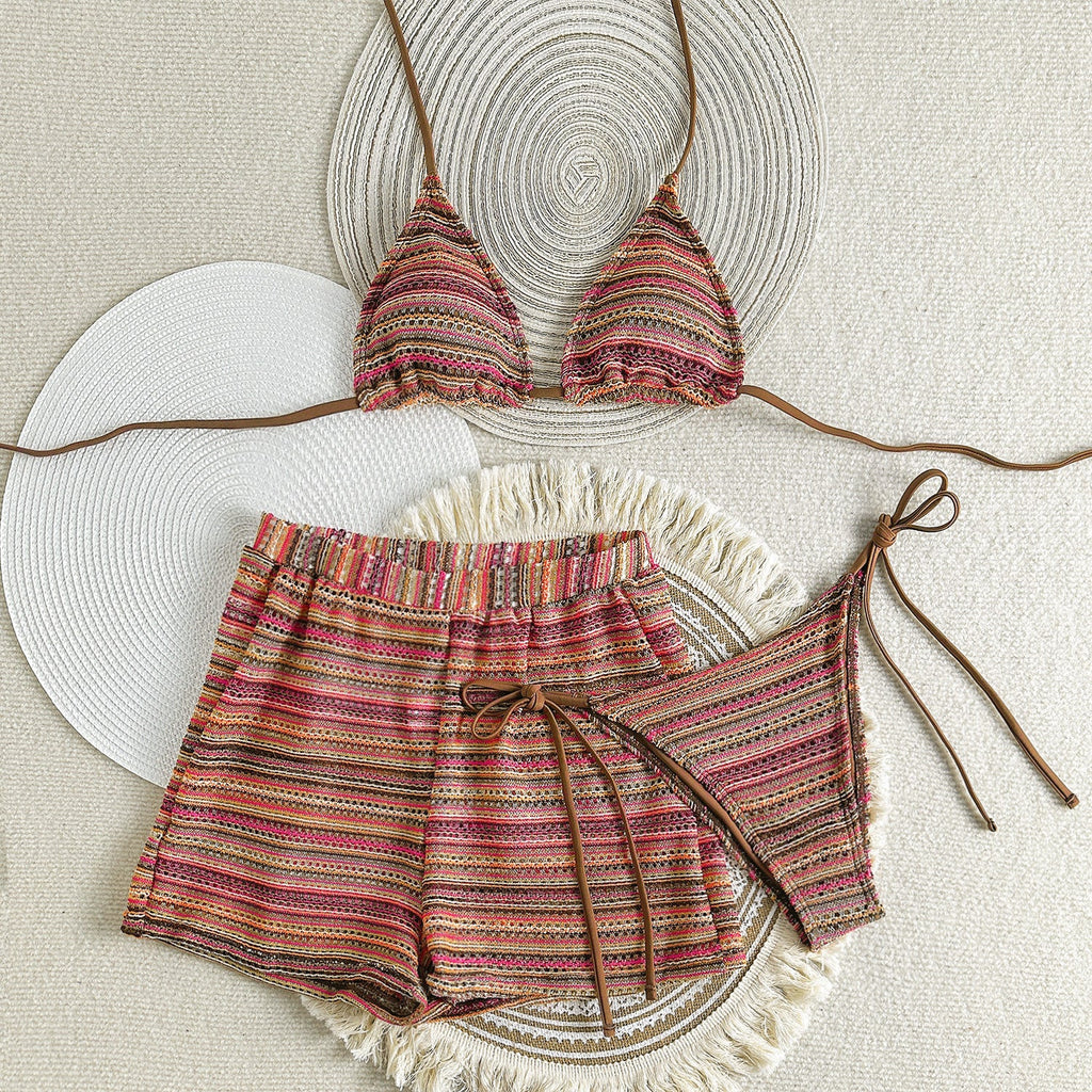 Damen Zweiteiliges Strand-Bikini-Set mit verspielt gestreiftem Oberteil und Shorts