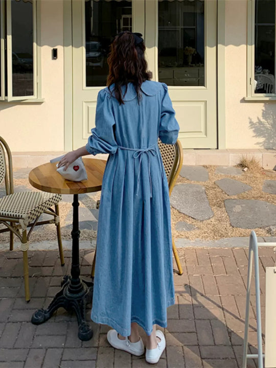 Damen Langes Chambray-Midaxi-Hemdkleid mit geraffter Taillenpasse und weitem Rockfalten Shop Nory