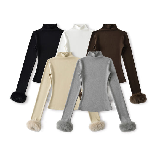 Damen Eng anliegendes Rollkragen-Top mit Kunstfellmanschetten Shop Nory