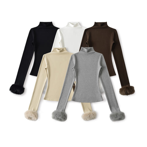 Damen Eng anliegendes Rollkragen-Top mit Kunstfellmanschetten Shop Nory