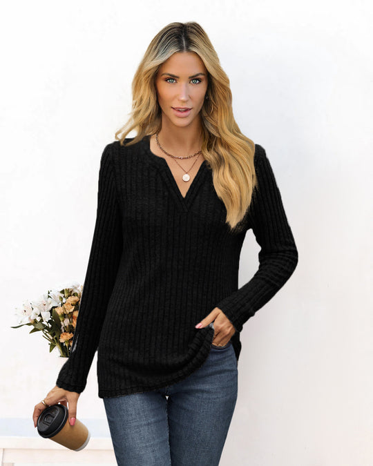 Damen Feines Ripp-Strickshirt mit tiefem V‑Ausschnitt und Tunika‑Länge Shop Nory