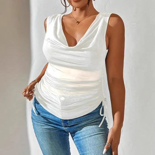 Damen Ärmelloses drapiertes V-Ausschnitt Top mit seitlicher Raffung Shop Nory