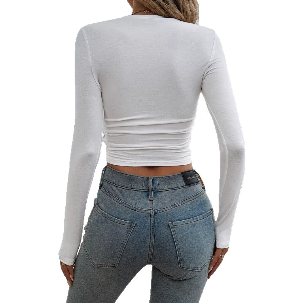 Damen Figurbetontes langärmeliges Crop-Shirt mit seitlicher Raffung Shop Nory