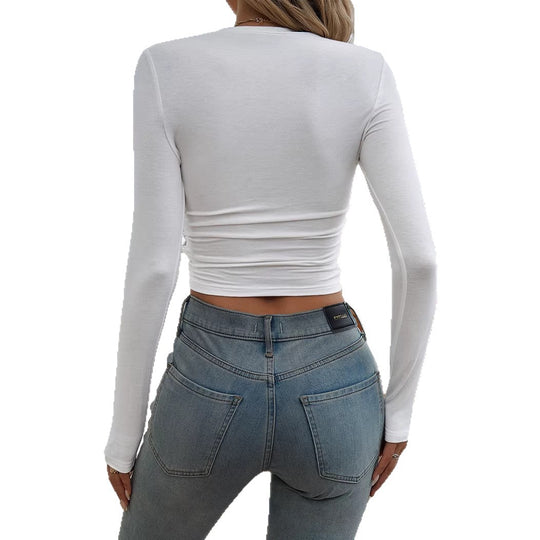 Damen Figurbetontes langärmeliges Crop-Shirt mit seitlicher Raffung Shop Nory