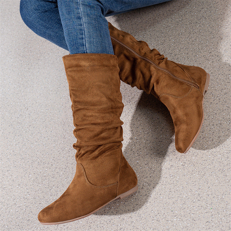 Damen Slouch-Stiefel mit flachem Absatz, seitlichem Reißverschluss und weichem Velours Shop Nory