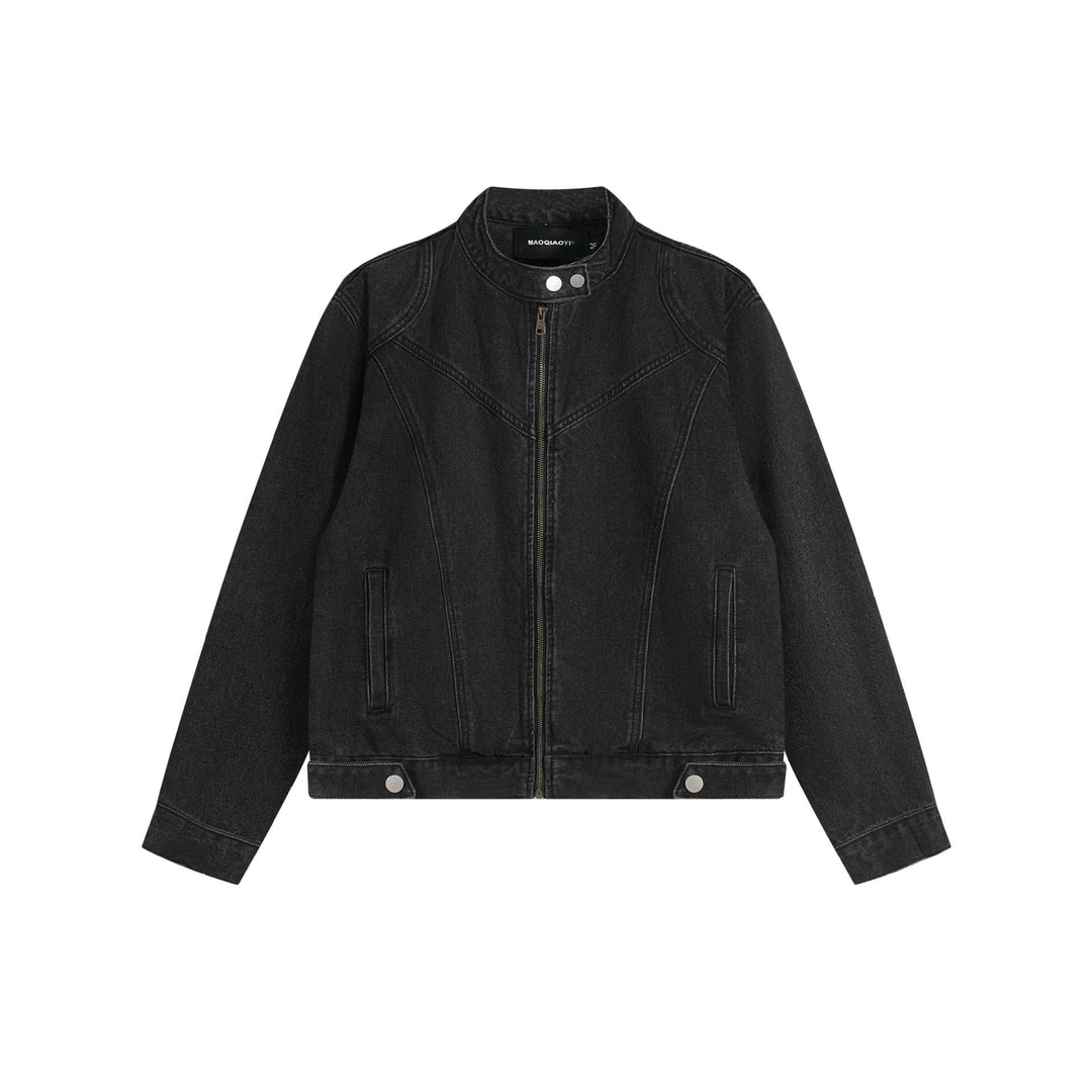 Unisex Kurz geschnittene Denim-Blousonjacke mit Stehkragen und durchgehendem Reißverschluss Shop Nory