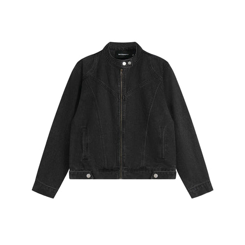 Unisex Kurz geschnittene Denim-Blousonjacke mit Stehkragen und durchgehendem Reißverschluss Shop Nory