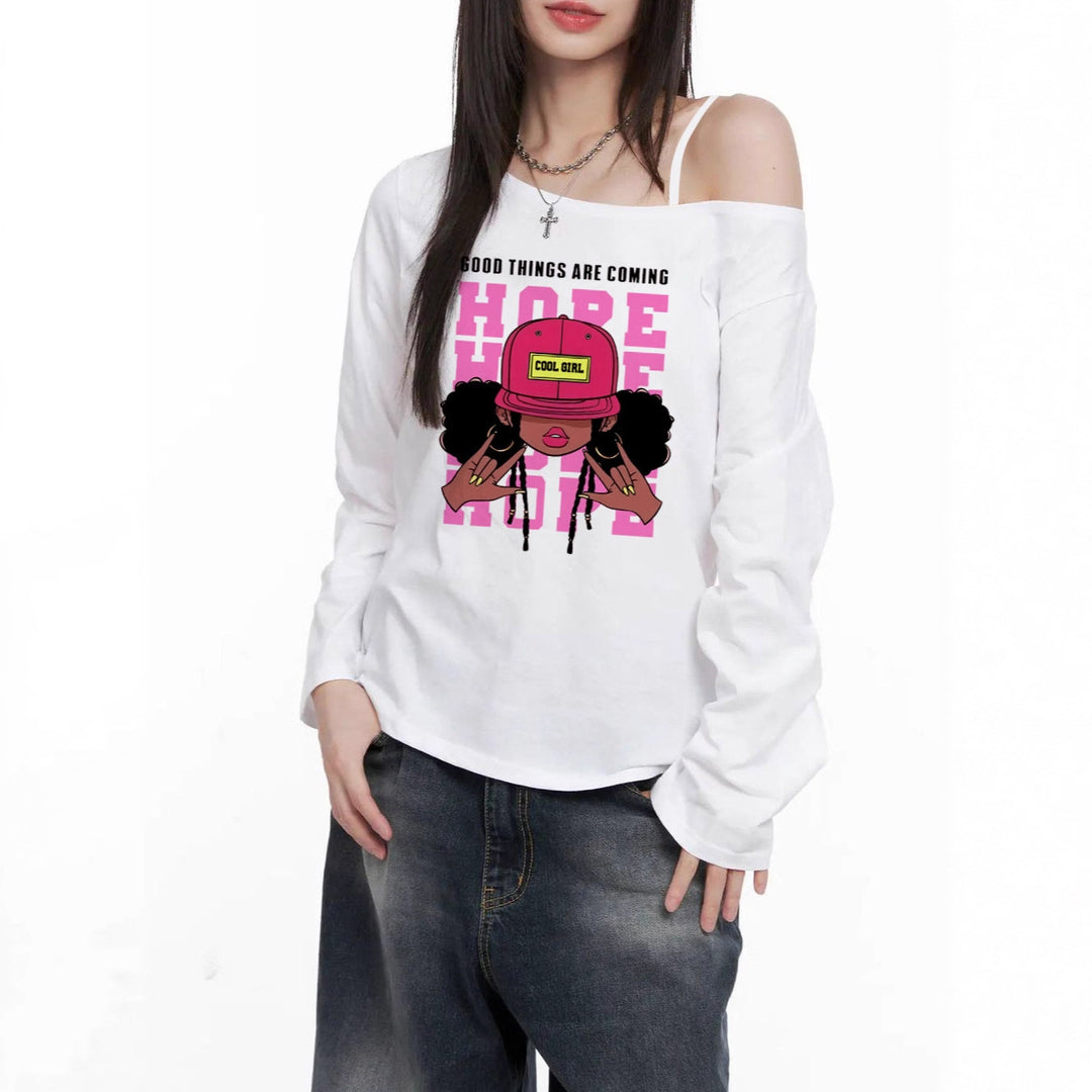 Damen nan lässiges Off-Shoulder Langarmshirt mit großflächigem Cartoon-Grafikprint und elastischem Baumwollmix Shop Nory