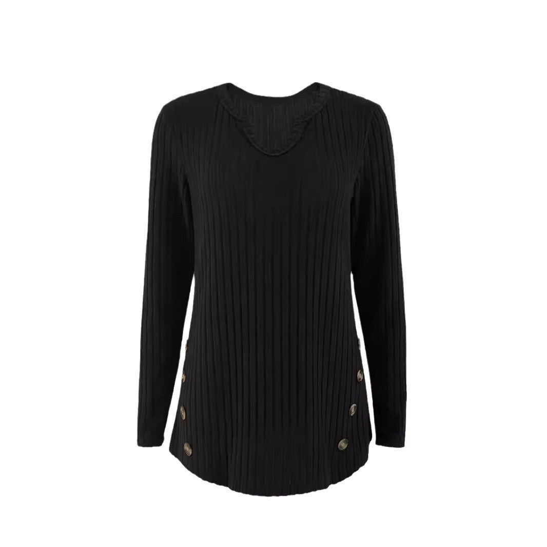 Damen Gerippter Feinstrickpullover mit V-Notch-Ausschnitt und seitlichen Zierknöpfen Shop Nory