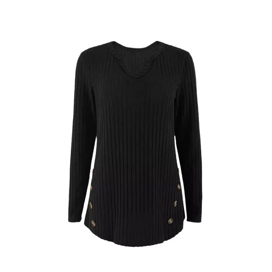 Damen Gerippter Feinstrickpullover mit V-Notch-Ausschnitt und seitlichen Zierknöpfen Shop Nory