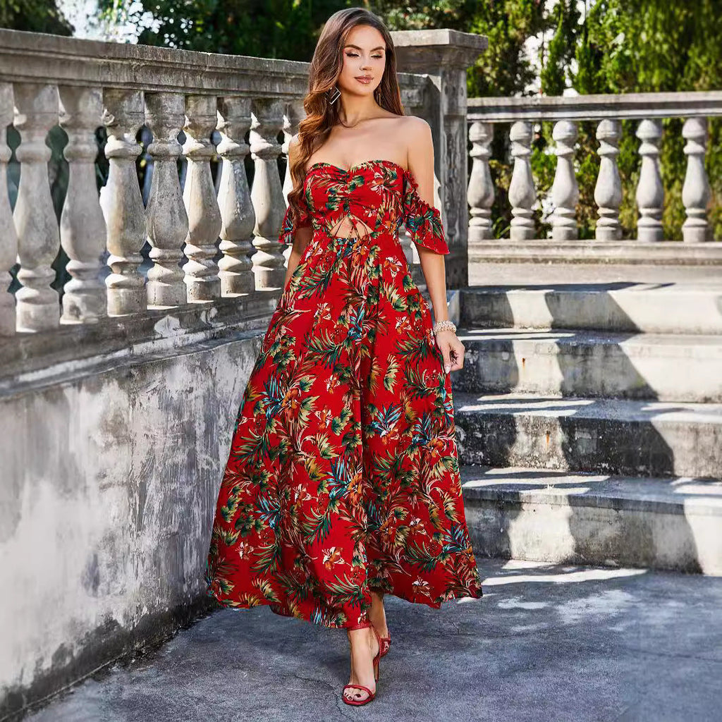 Damen Maxikleid mit schulterfreiem Design und floralem Druck Shopnory