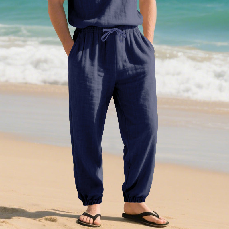 Herren nan leichte Leinenhose mit elastischem Tunnelzugbund, seitentaschen und gesmokten Bündchen Shop Nory